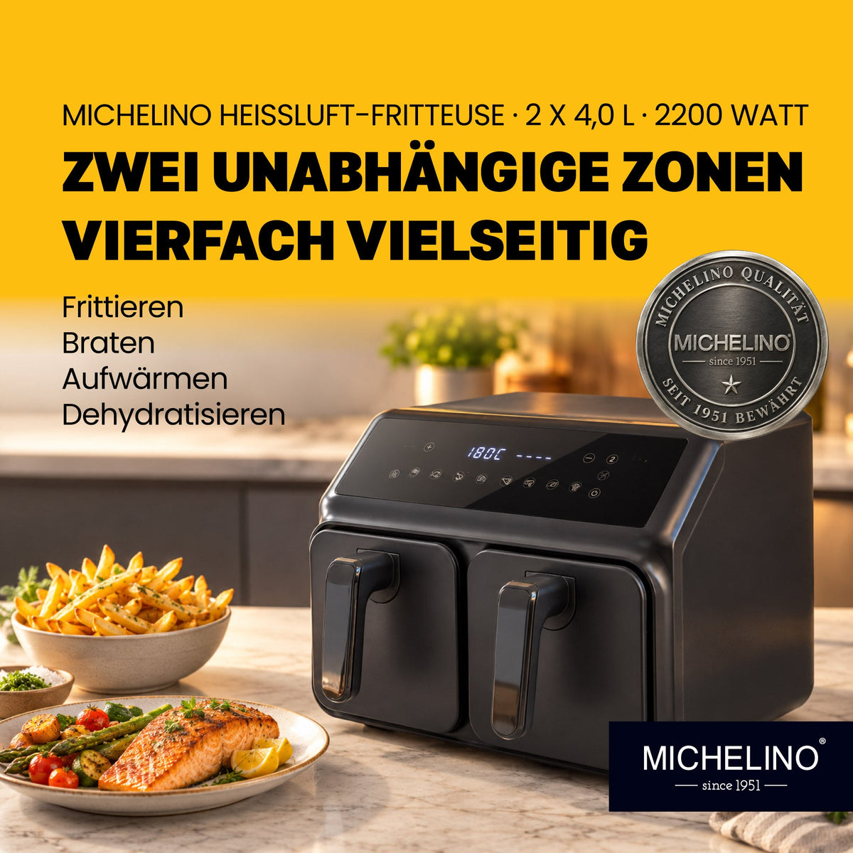 MICHELINO Heißluftfritteuse Doppelkammer 2 × 4 Liter mit Keramikbeschichtung – Ansicht 2