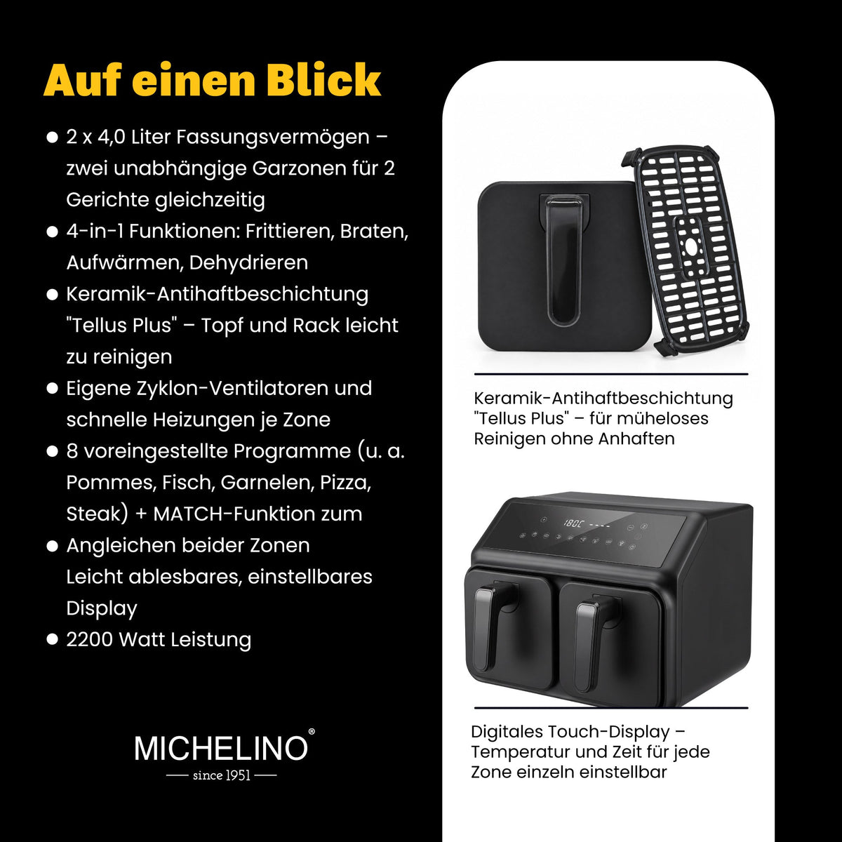 MICHELINO Heißluftfritteuse Doppelkammer 2 × 4 Liter mit Keramikbeschichtung – Ansicht 4