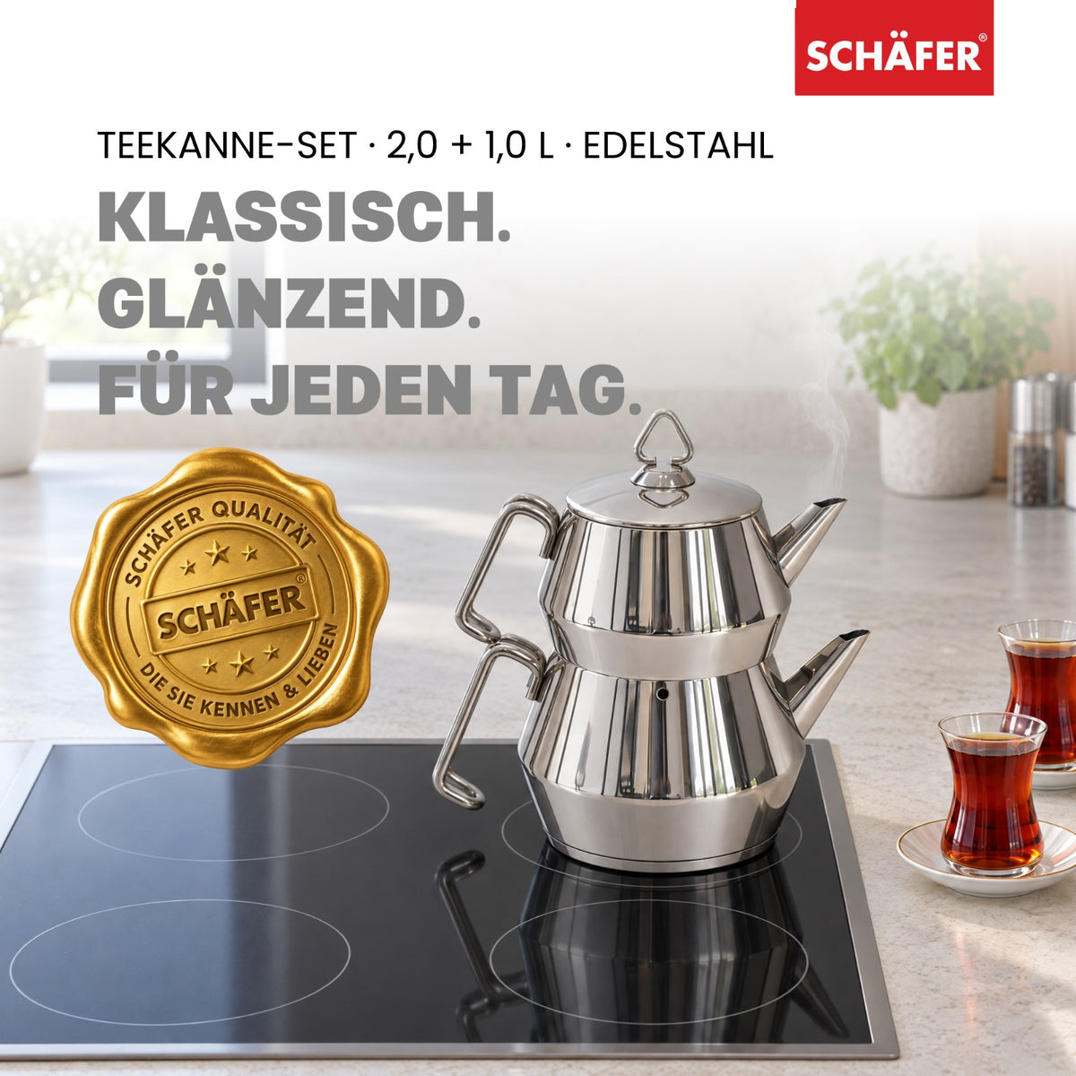 SCHÄFER Edelstahl Teekannen-Set 2 l + 1 l mit Metallgriff