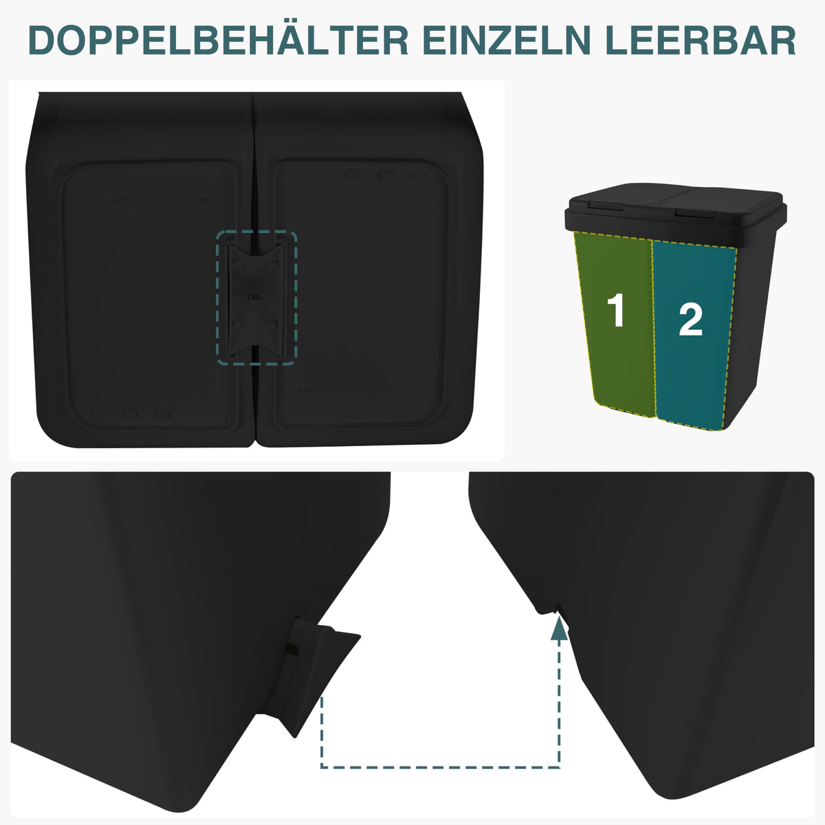 RIBELLI Mülleimer mit 2 Fächern, 2 × 25 l, Schwarz – Ansicht 4