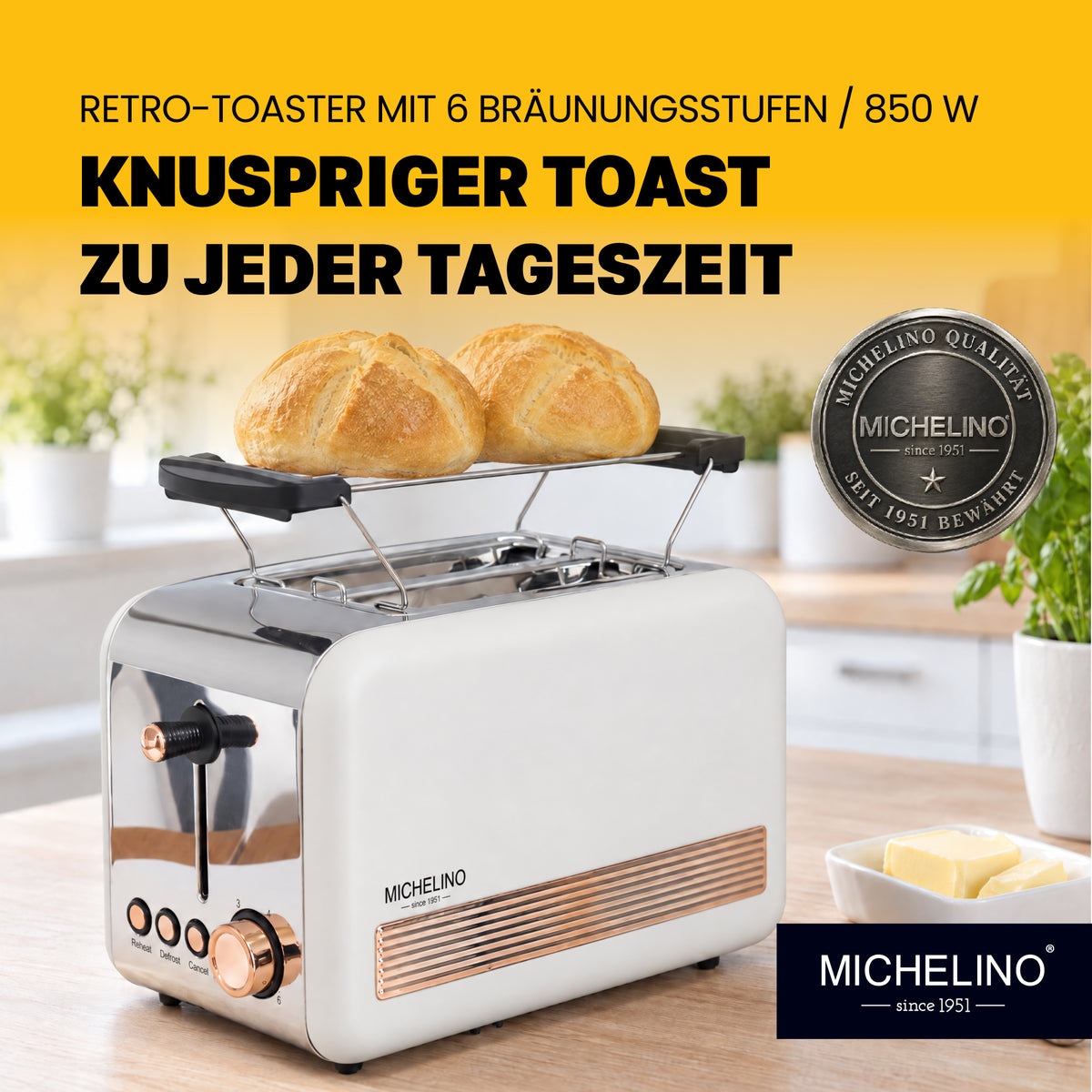MICHELINO Toaster Retro 2-Scheiben Weiß-Gold – 850W, Edelstahl, 6 Bräunungsstufen & Cool-Touch – Ansicht 2