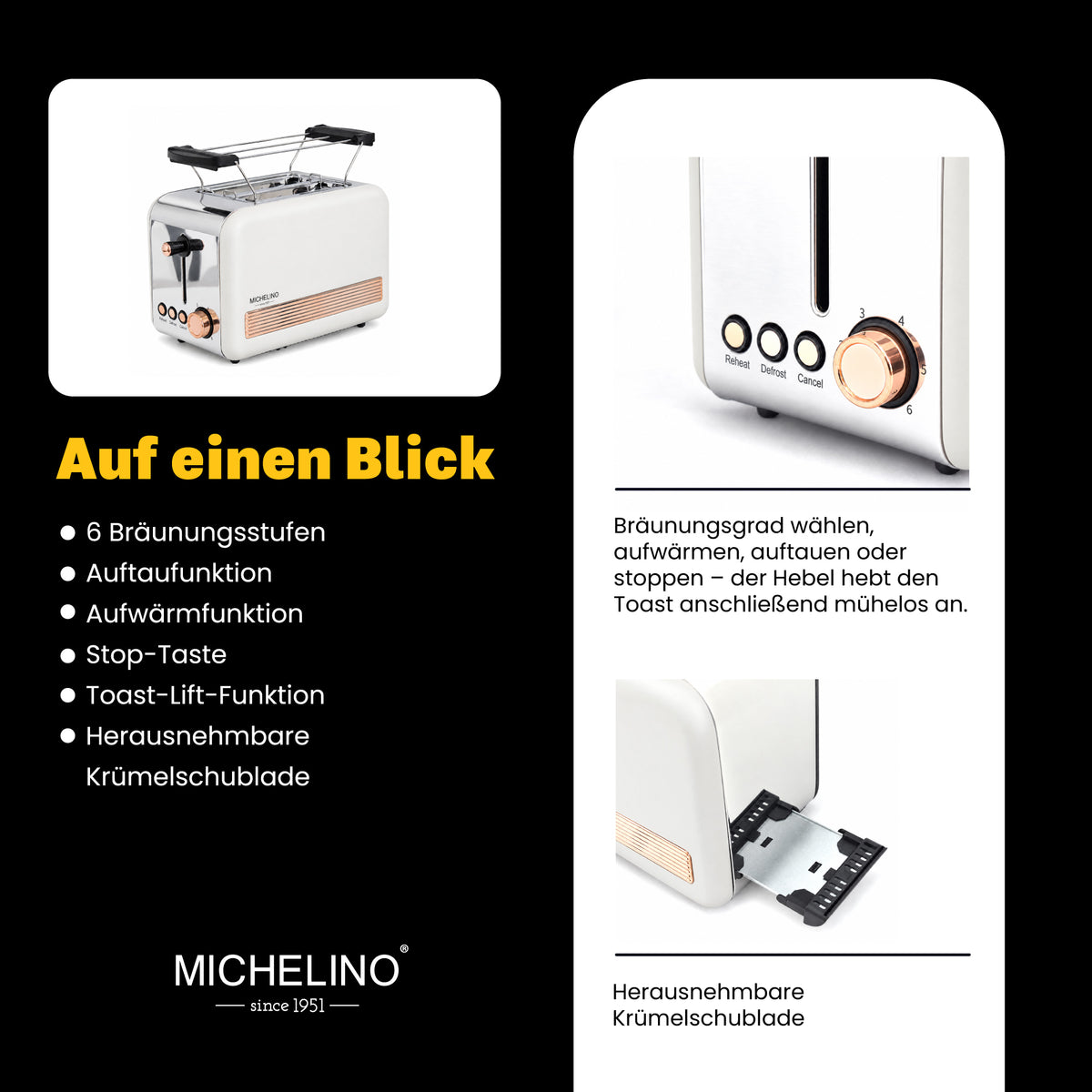 MICHELINO Toaster Retro 2-Scheiben Weiß-Gold – 850W, Edelstahl, 6 Bräunungsstufen & Cool-Touch – Ansicht 4