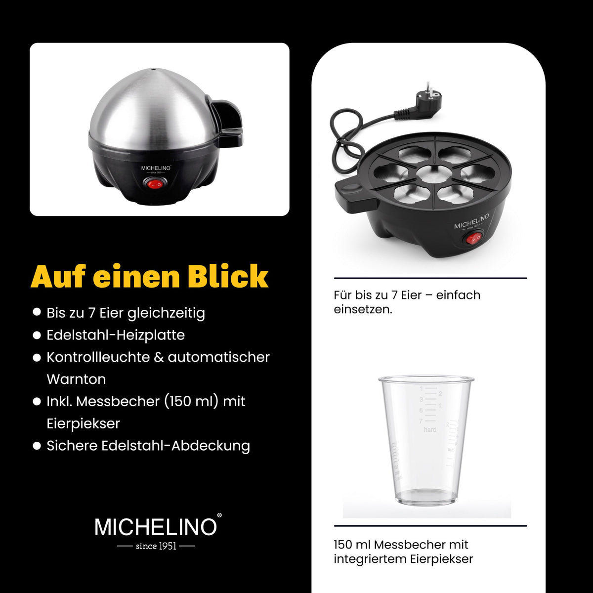 MICHELINO Eierkocher 7 Eier Schwarz – Edelstahl mit Gargradeinsteller & Summer – Ansicht 5