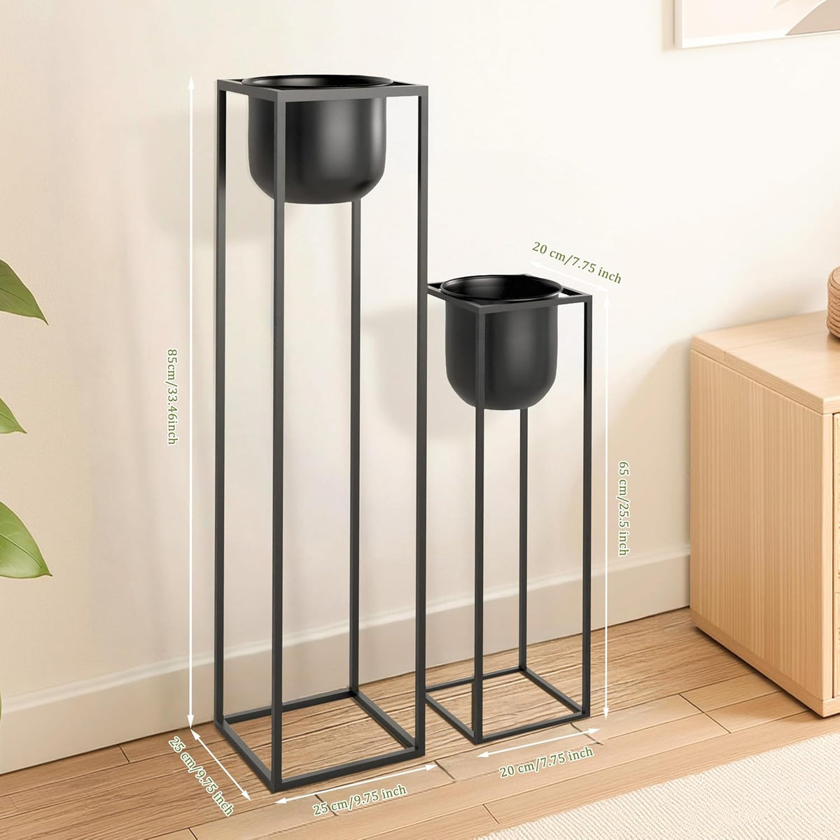 RIBELLI 2er-Set Blumentopf-Ständer mit Übertopf – Metall, eckiges Gestell – Ansicht 3