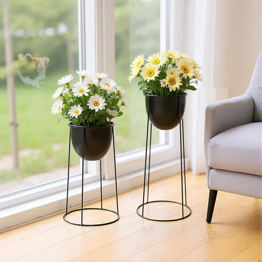 RIBELLI 2er-Set Blumentopf-Ständer mit Übertopf – Metall, rundes Gestell – Ansicht 2