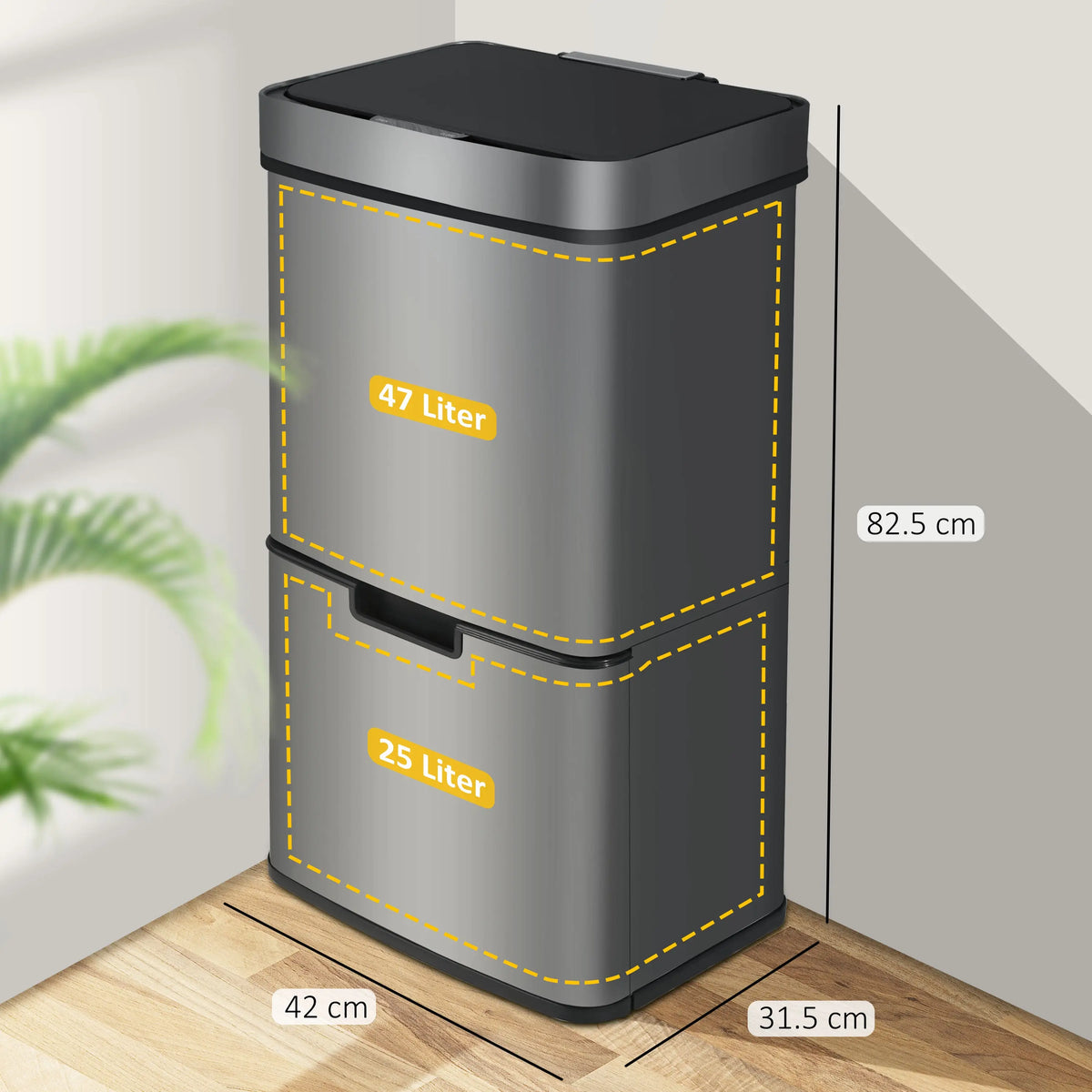 RIBELLI Mülleimer 4 Fächer mit Sensor, 72 l, Edelstahl – Ansicht 10