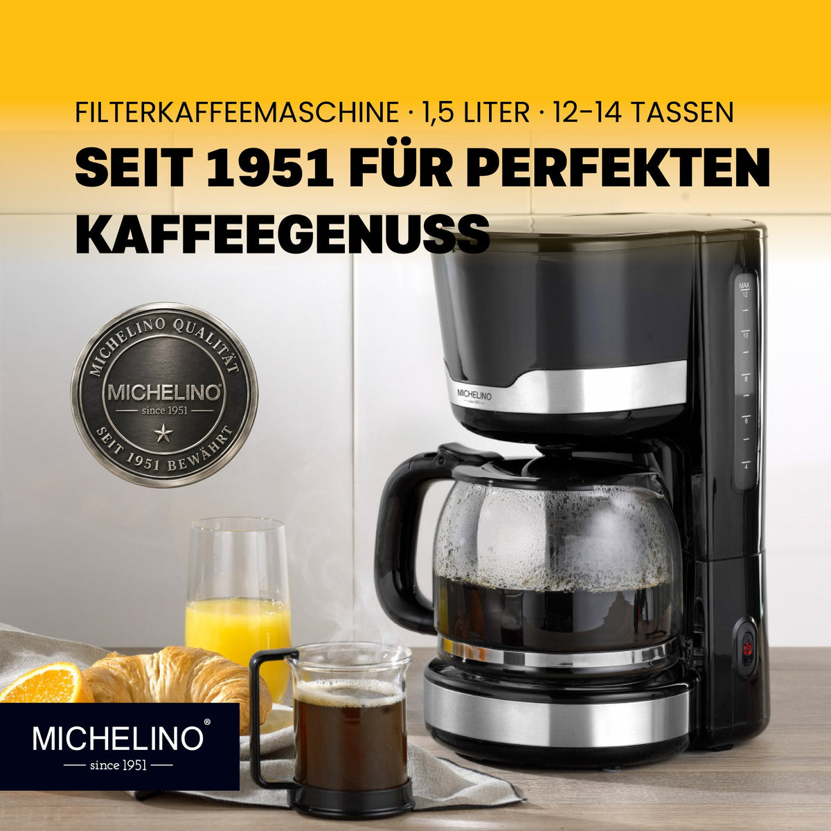 MICHELINO Kaffeemaschine 1,5 Liter Schwarz – Edelstahl, 12 Tassen & Warmhalteplatte – Ansicht 2