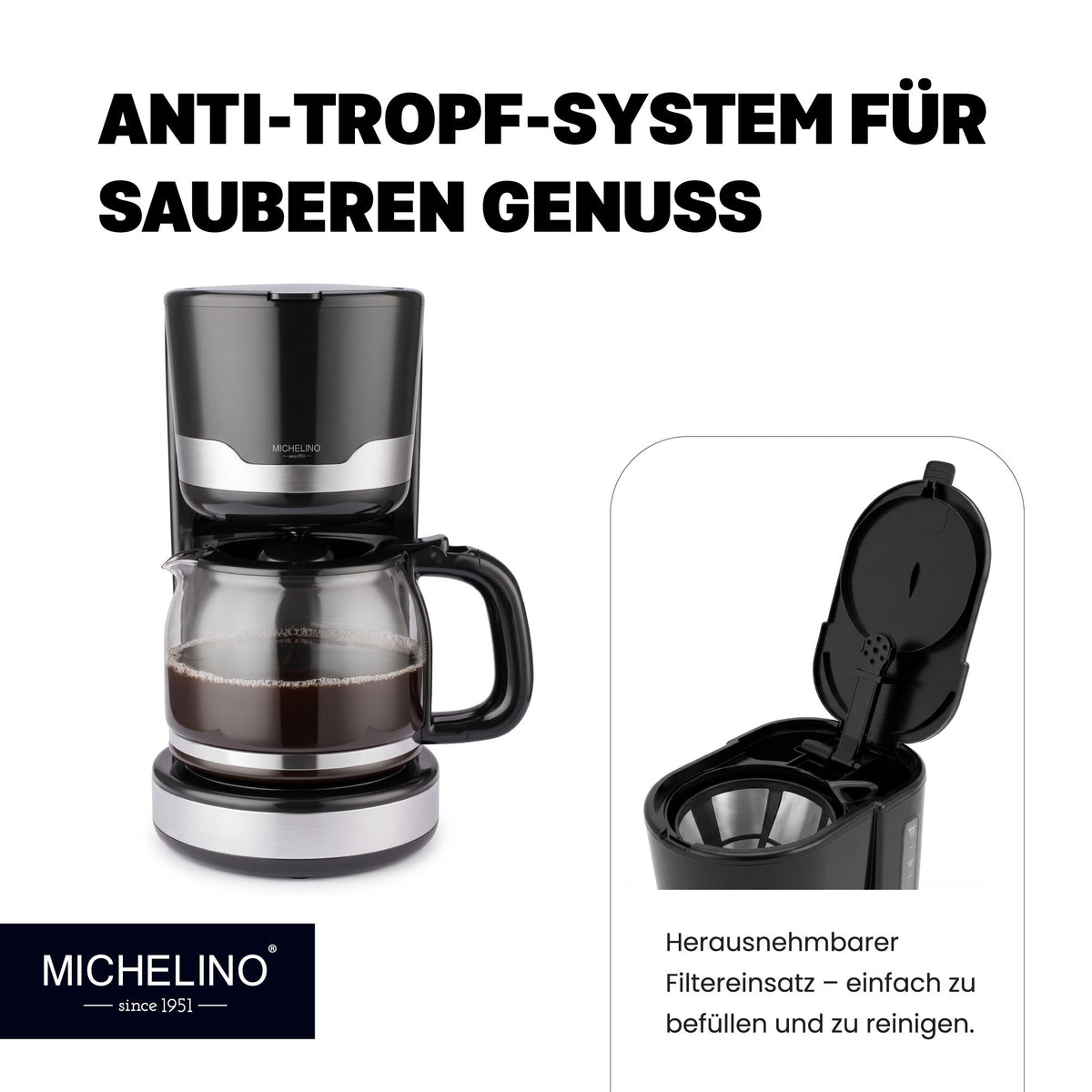 MICHELINO Kaffeemaschine 1,5 Liter Schwarz – Edelstahl, 12 Tassen & Warmhalteplatte – Ansicht 3