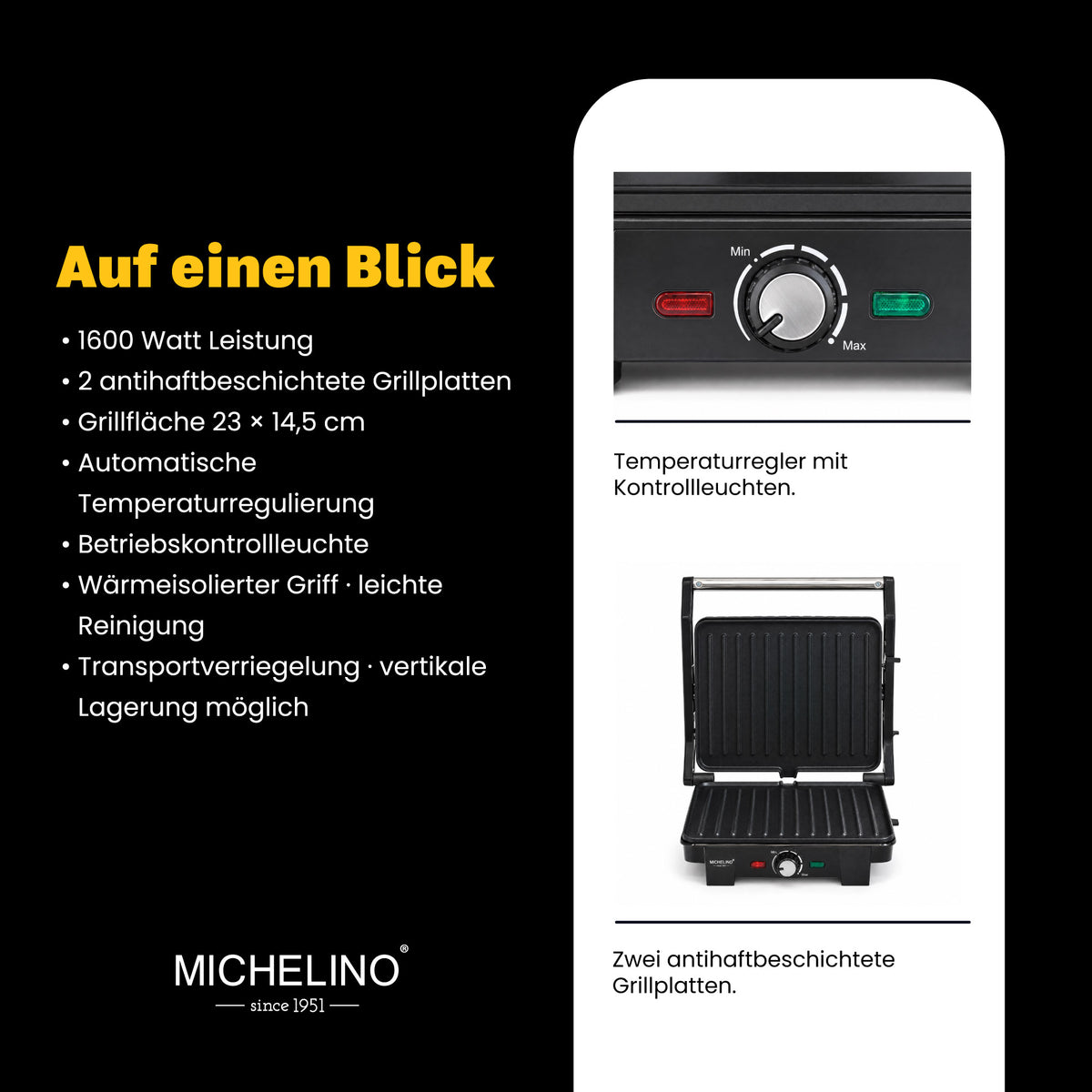 MICHELINO Kontaktgrill 1600W – 25,5×18 cm, Tischgrillfunktion, Fettablauf & 180°-Öffnung – Ansicht 4