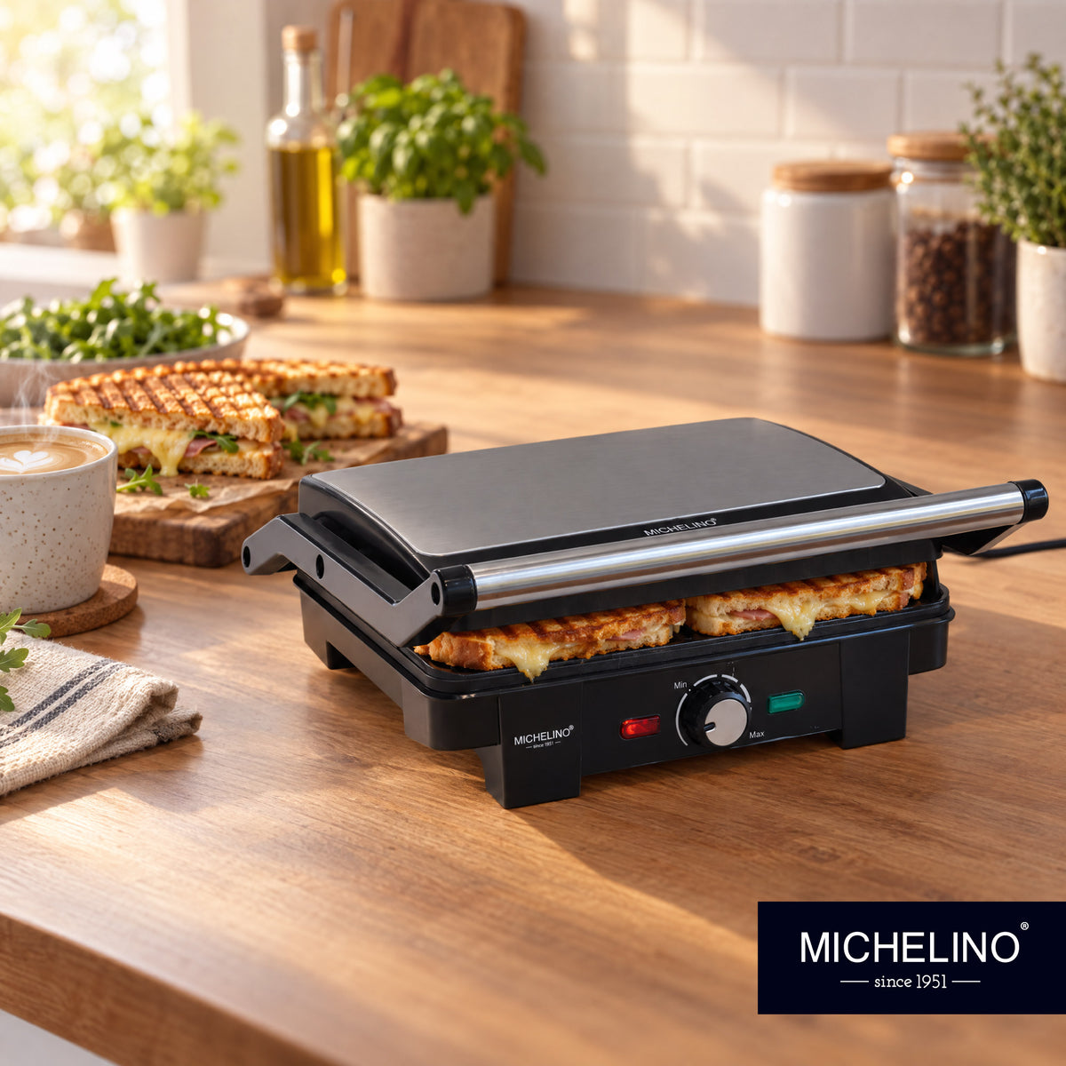 MICHELINO Kontaktgrill 1600W – 25,5×18 cm, Tischgrillfunktion, Fettablauf & 180°-Öffnung – Ansicht 5
