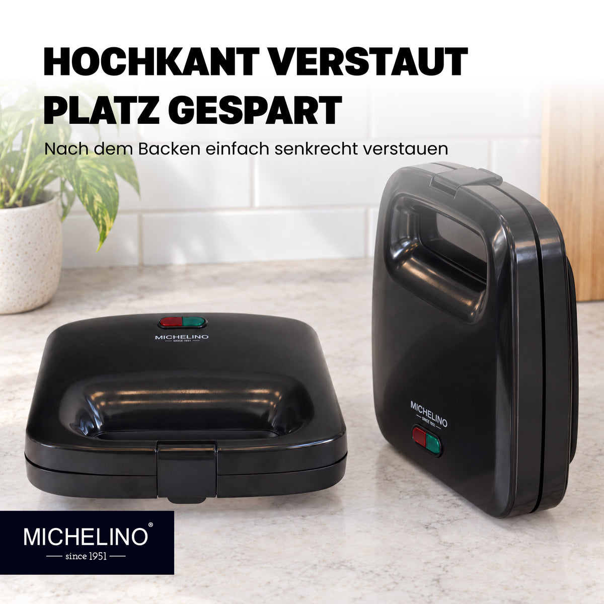 MICHELINO Waffeleisen 2er Eckig Schwarz – 750W, Antihaft, Verriegelung & vertikale Lagerung – Ansicht 3
