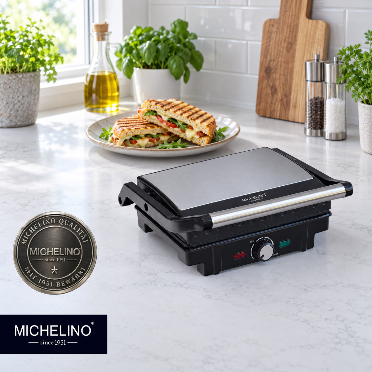 MICHELINO Kontaktgrill XXL 2200W – 29×24 cm, 150°/180° Tischgrill, Fettablauf & Temperaturwahl – Ansicht 5
