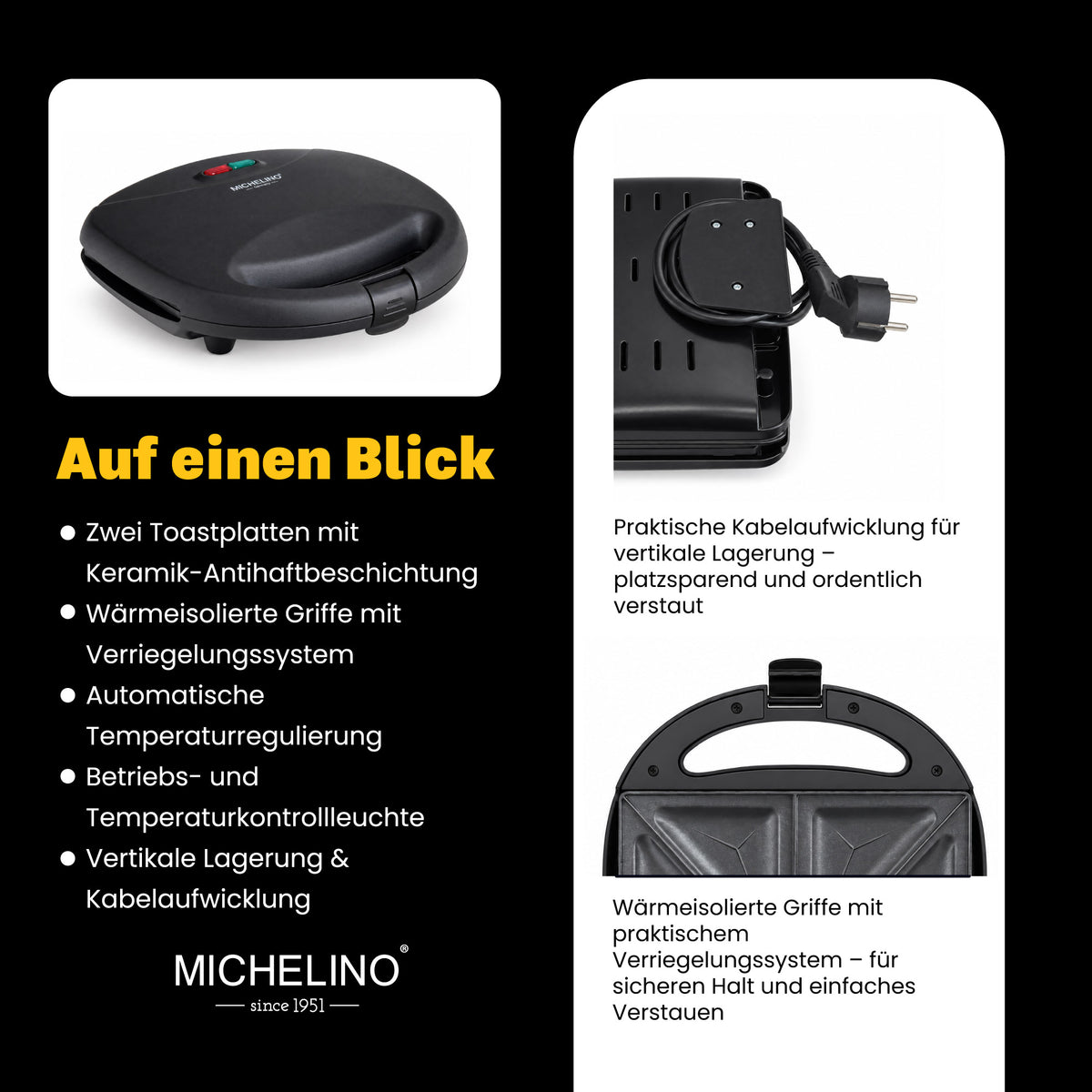 MICHELINO Sandwichmaker 2er Schwarz Matt – 750W, Keramik-Antihaft, Verriegelung & Kabelaufwicklung – Ansicht 4