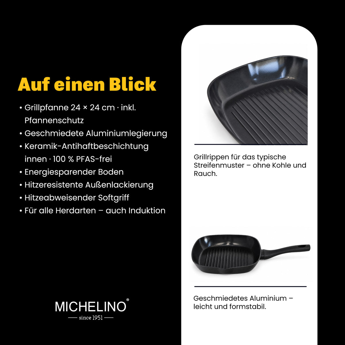 MICHELINO Grillpfanne 24 × 24 cm Serie New Nora Schwarz – PFAS-frei, Keramikbeschichtung, induktionsgeeignet – Ansicht 4