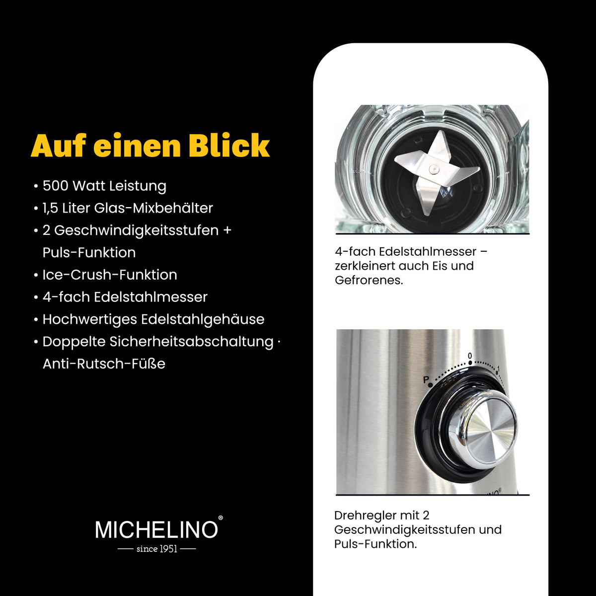 MICHELINO Standmixer 1,5 Liter Glasbehälter – 500W mit Ice-Crush & Puls-Funktion – Ansicht 4