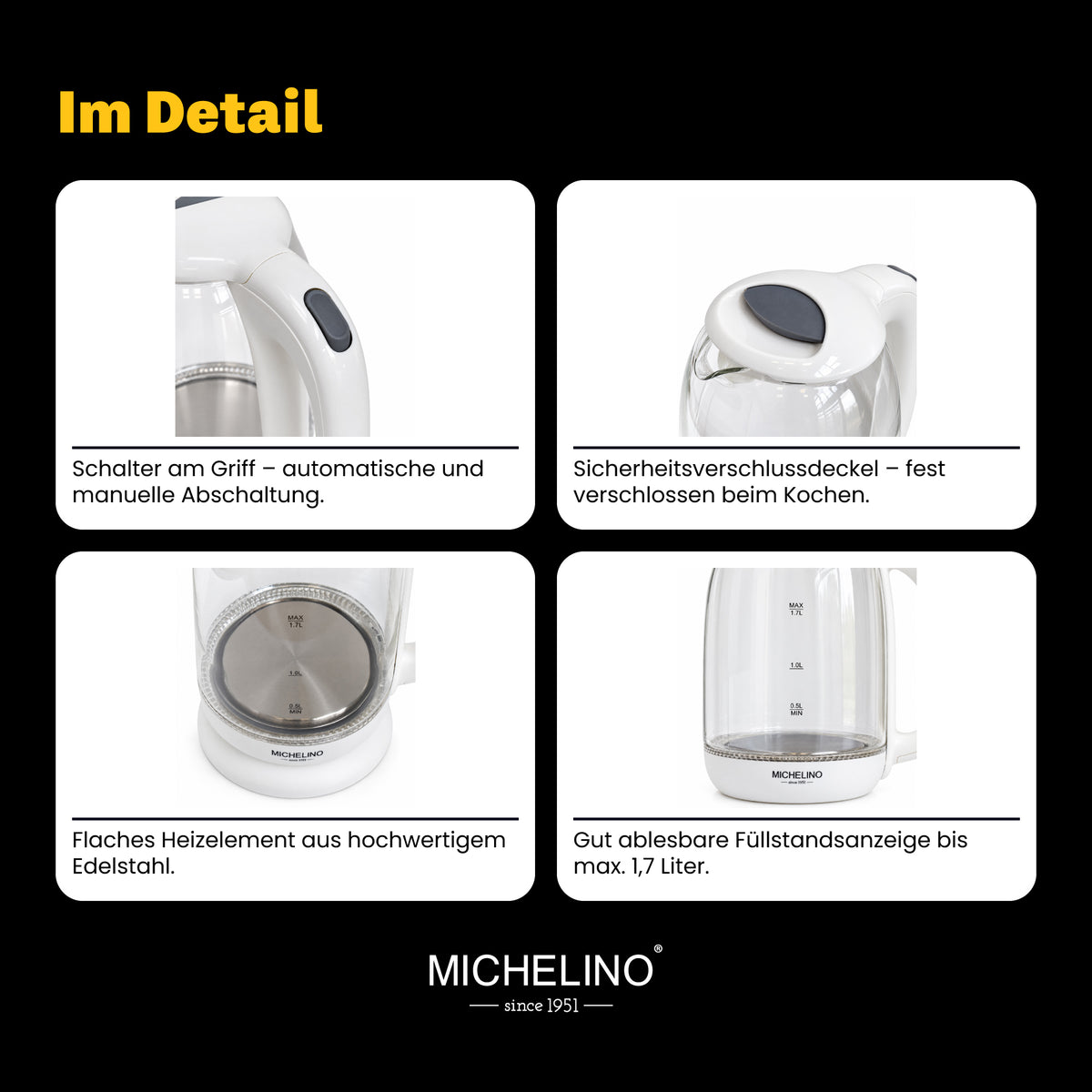MICHELINO Wasserkocher 1,7 Liter Weiß – Edelstahl mit Temperaturwahl & LED-Display – Ansicht 5