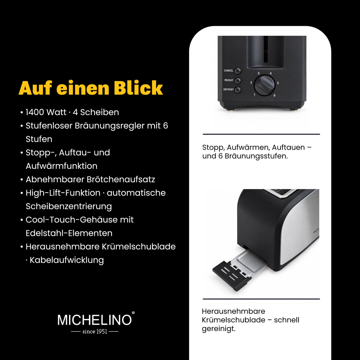 MICHELINO Toaster 4-Scheiben 1400 Watt Edelstahl Schwarz – Ansicht 4