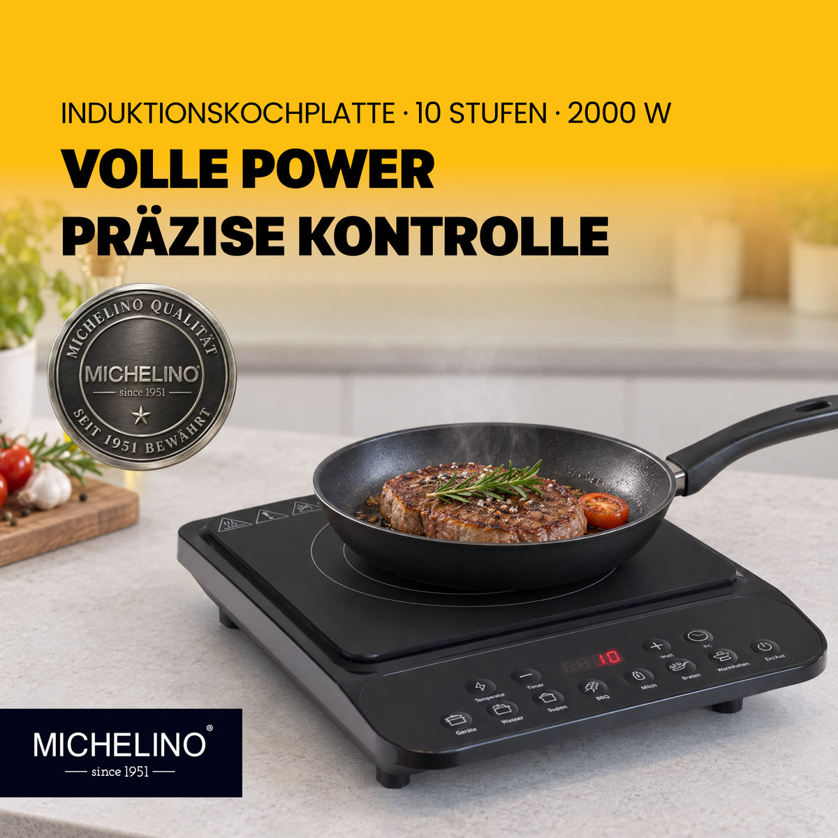 MICHELINO Einzel-Induktionskochplatte Schwarz – 2000W, Kristallglas, 8 Stufen & Siemens IGBT – Ansicht 2