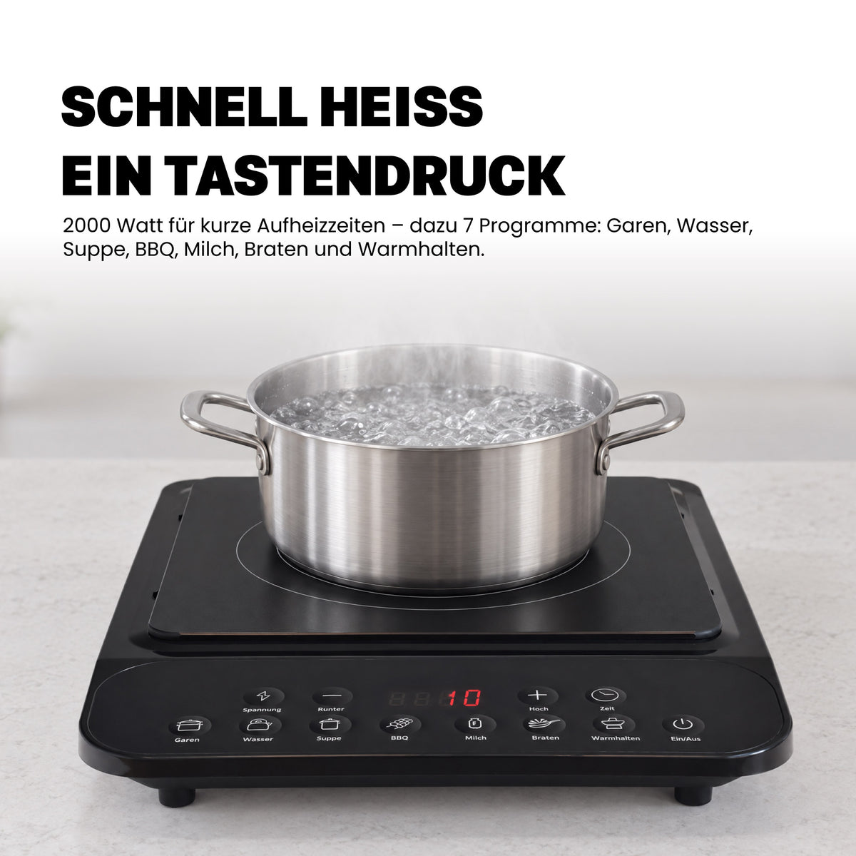 MICHELINO Einzel-Induktionskochplatte Schwarz – 2000W, Kristallglas, 8 Stufen & Siemens IGBT – Ansicht 3