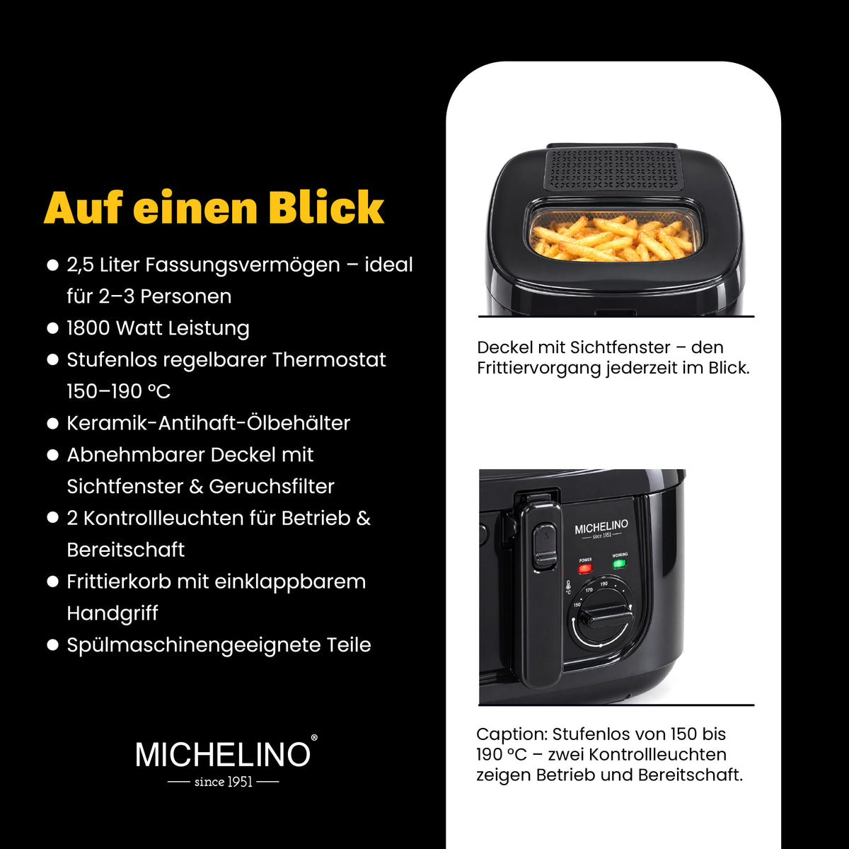 MICHELINO Öl-Fritteuse 2,5 Liter Schwarz – 1800W, Keramik-Antihaft & Sichtfenster-Deckel – Ansicht 4