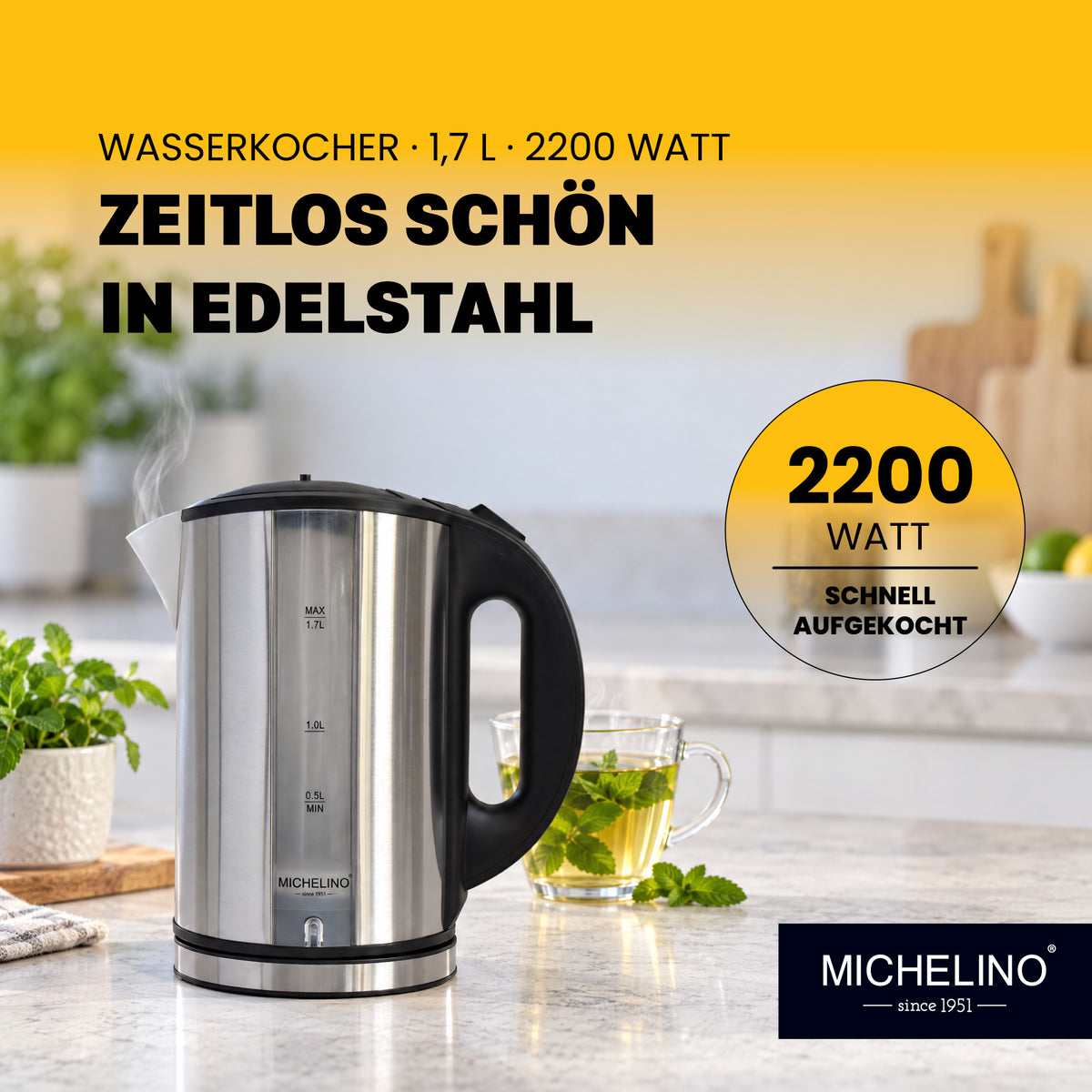 MICHELINO Wasserkocher Edelstahl mit LED-Beleuchtung 1,7 Liter – Ansicht 2
