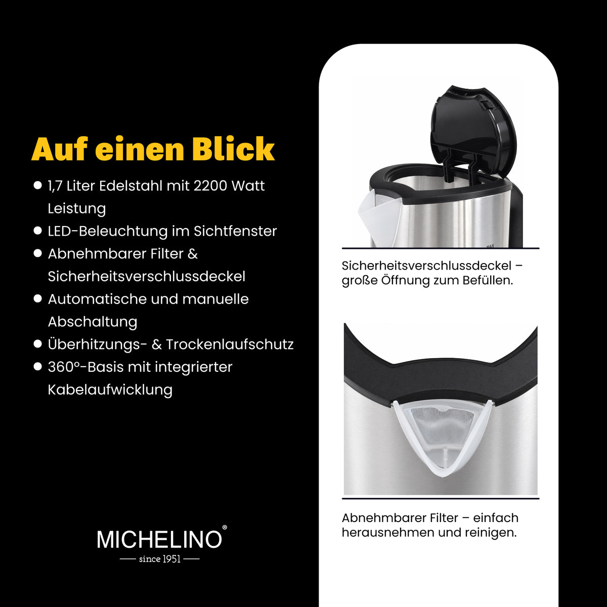 MICHELINO Wasserkocher Edelstahl mit LED-Beleuchtung 1,7 Liter – Ansicht 4
