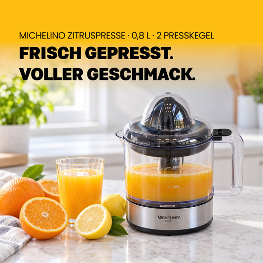 MICHELINO Elektrische Zitruspresse 1,0 Liter – 30W mit 2 Presskegeln & Aromaschutz – Ansicht 2