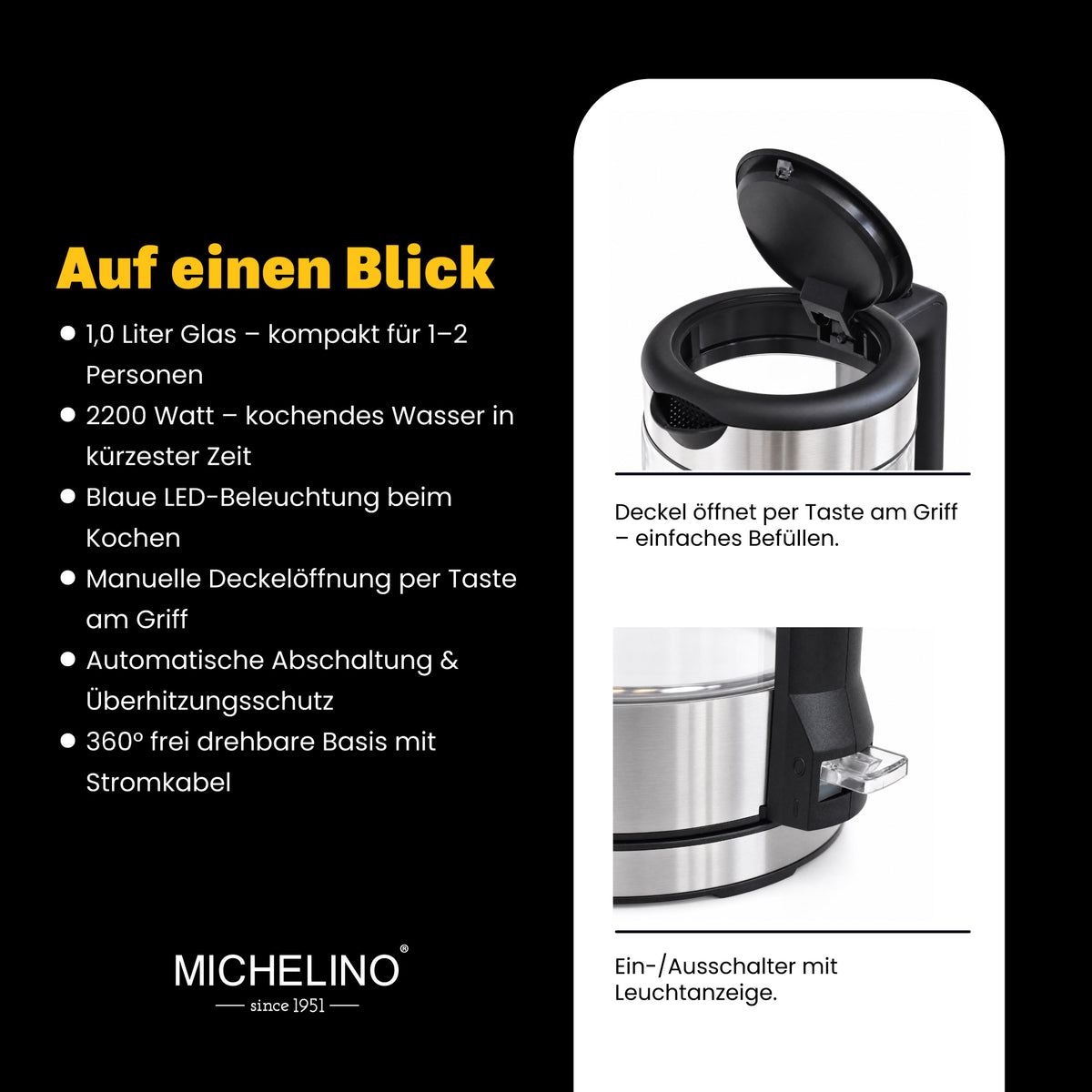 MICHELINO Wasserkocher 1,0 Liter Silber – Edelstahl mit blauer LED & Strix-Controller – Ansicht 4