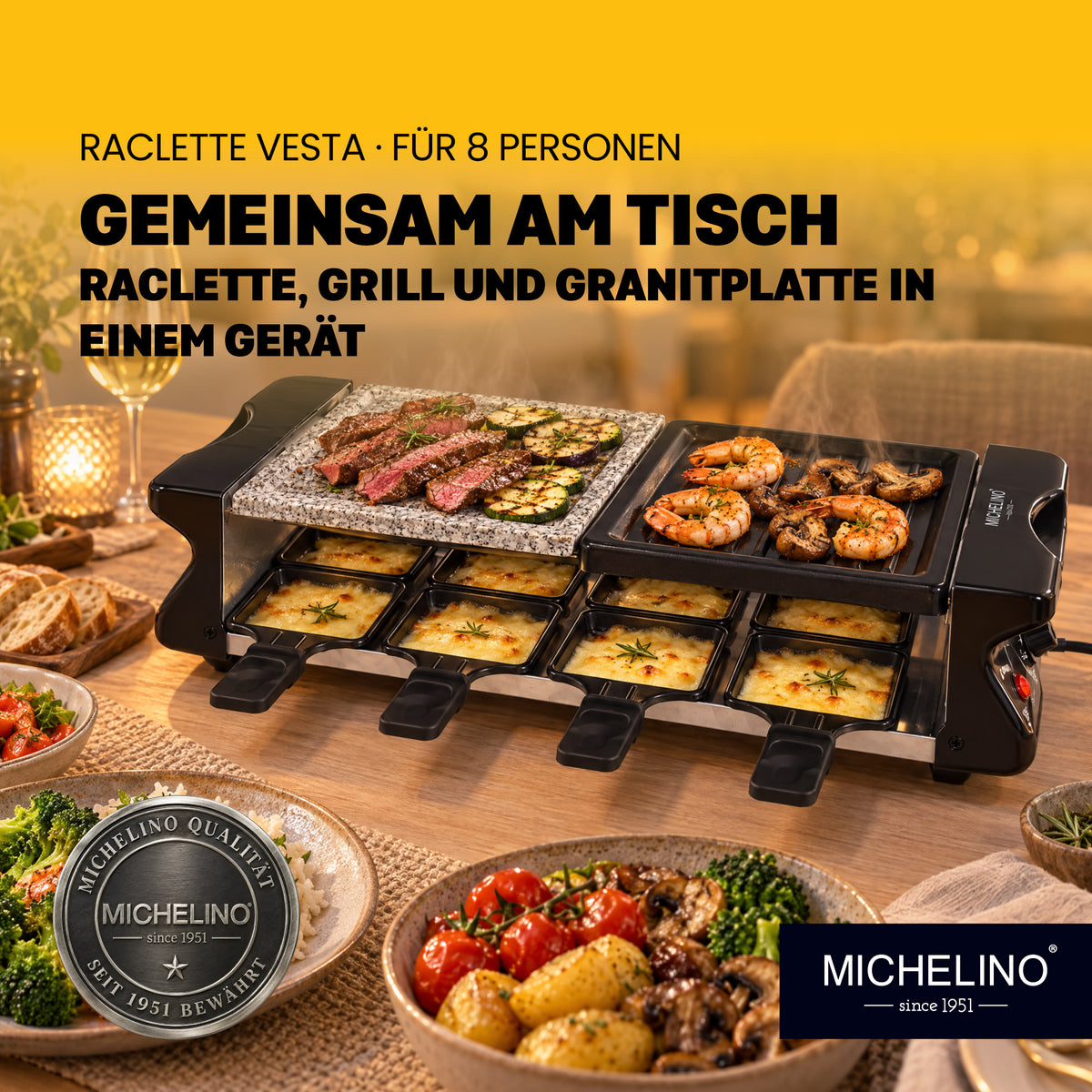 MICHELINO Raclette-Grill 8 Personen – 1200W mit Naturstein-Granitplatte & Thermostat – Ansicht 2