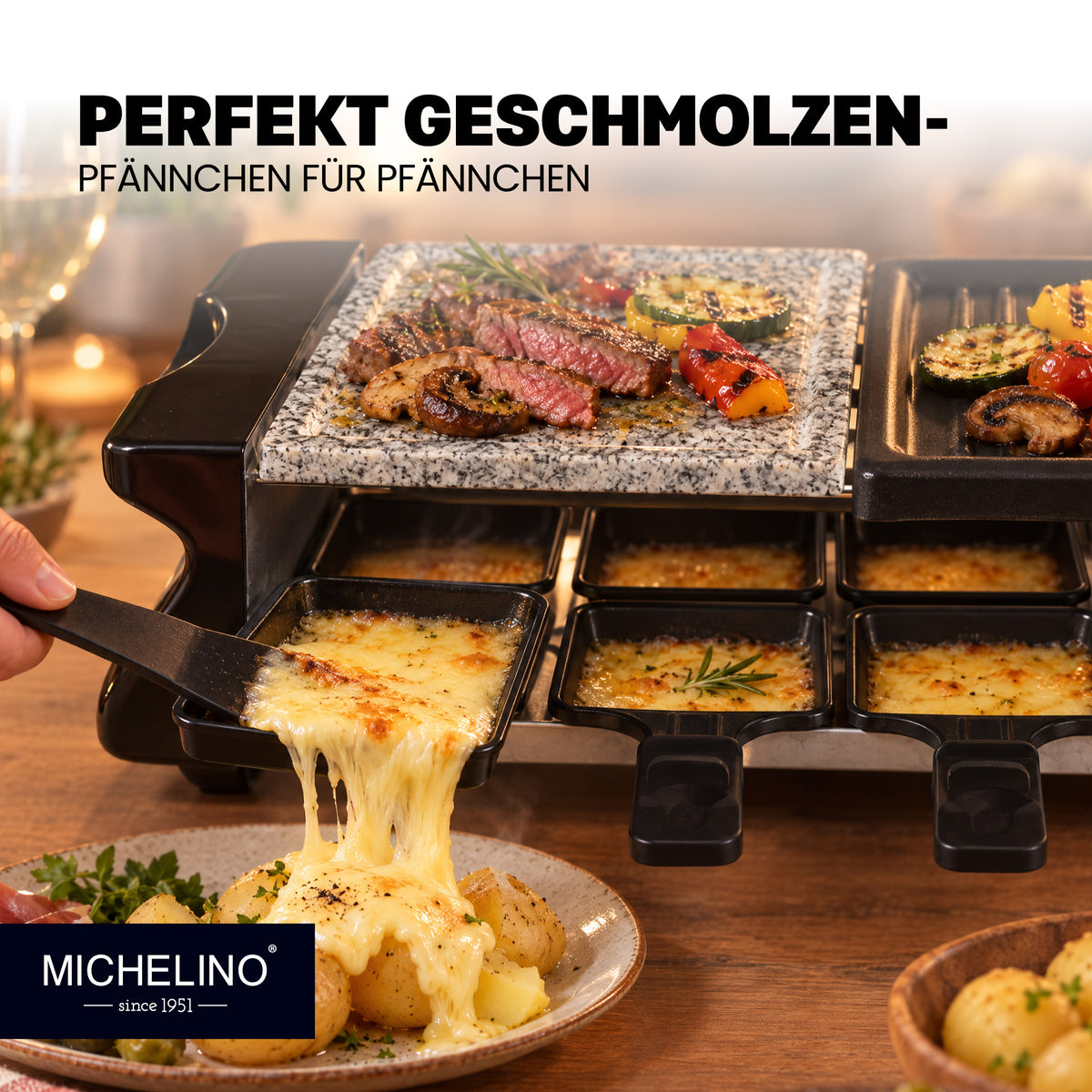 MICHELINO Raclette-Grill 8 Personen – 1200W mit Naturstein-Granitplatte & Thermostat – Ansicht 5