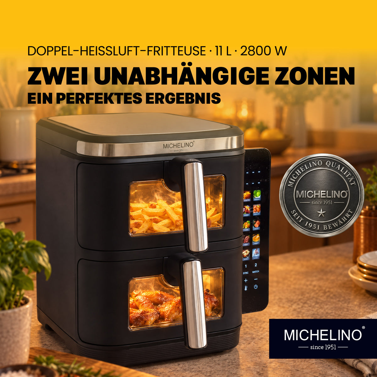 MICHELINO Doppel-Heißluftfritteuse XXL 11 Liter mit 2 Kammern – Ansicht 2