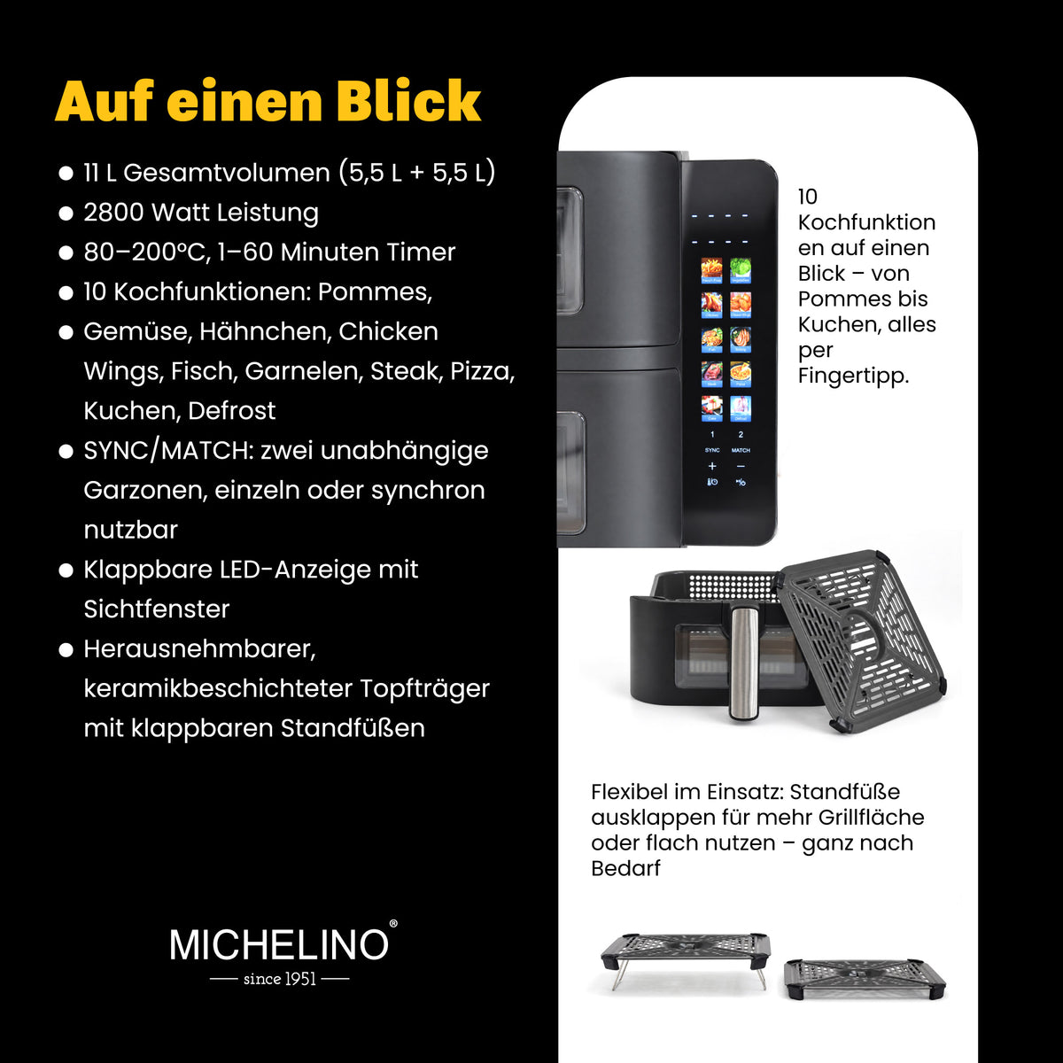 MICHELINO Doppel-Heißluftfritteuse XXL 11 Liter mit 2 Kammern – Ansicht 4