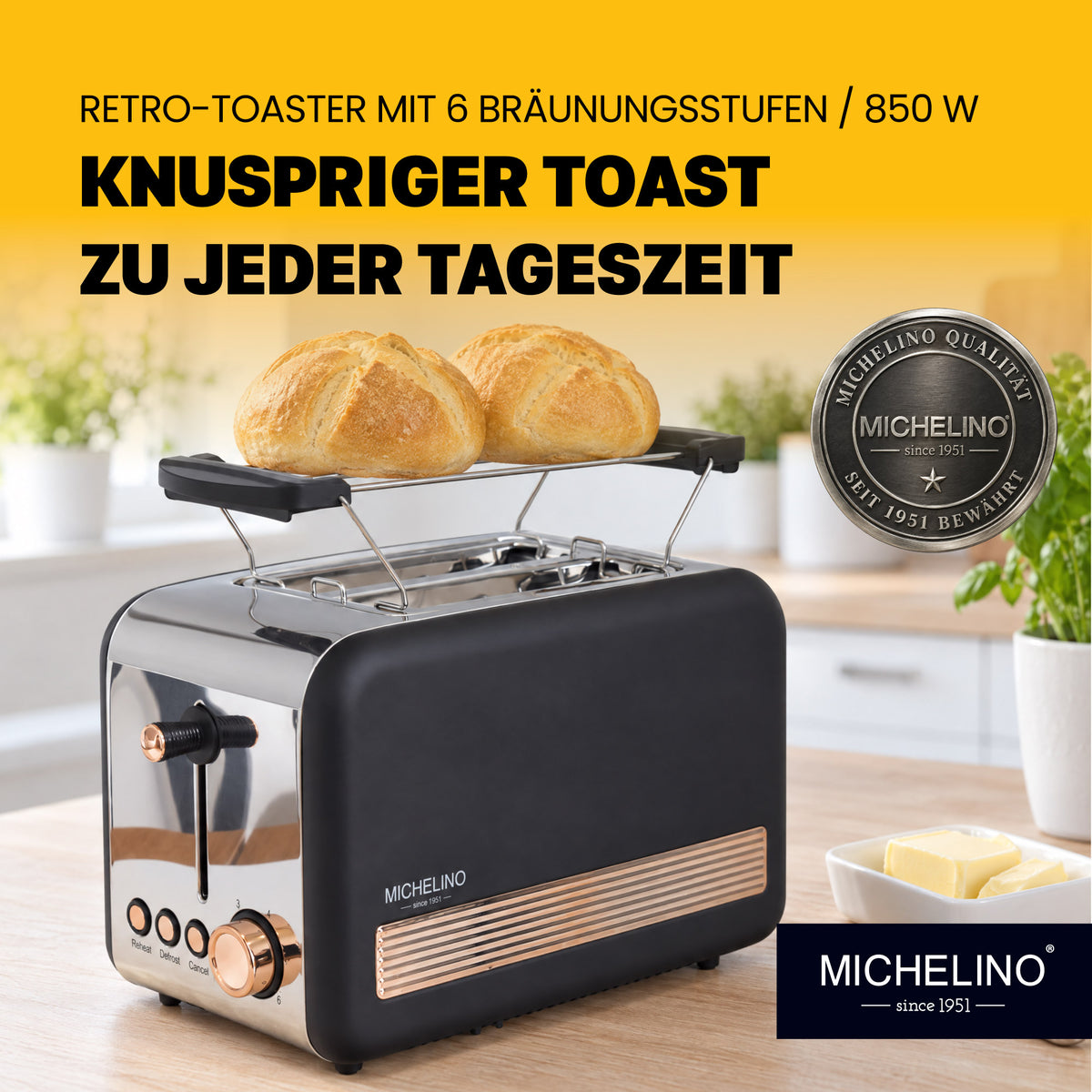 MICHELINO Toaster Retro 2-Scheiben Schwarz-Gold – 850W, Edelstahl Deluxe, 6 Bräunungsstufen & Cool-Touch – Ansicht 2