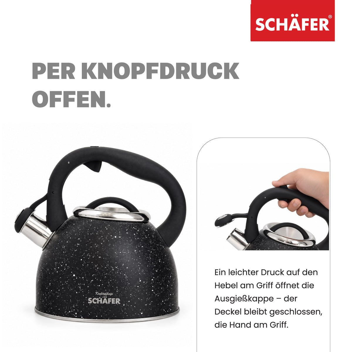 SCHÄFER Edelstahl Flötenkessel 2,5 l Black mit Softgriff – Ansicht 3