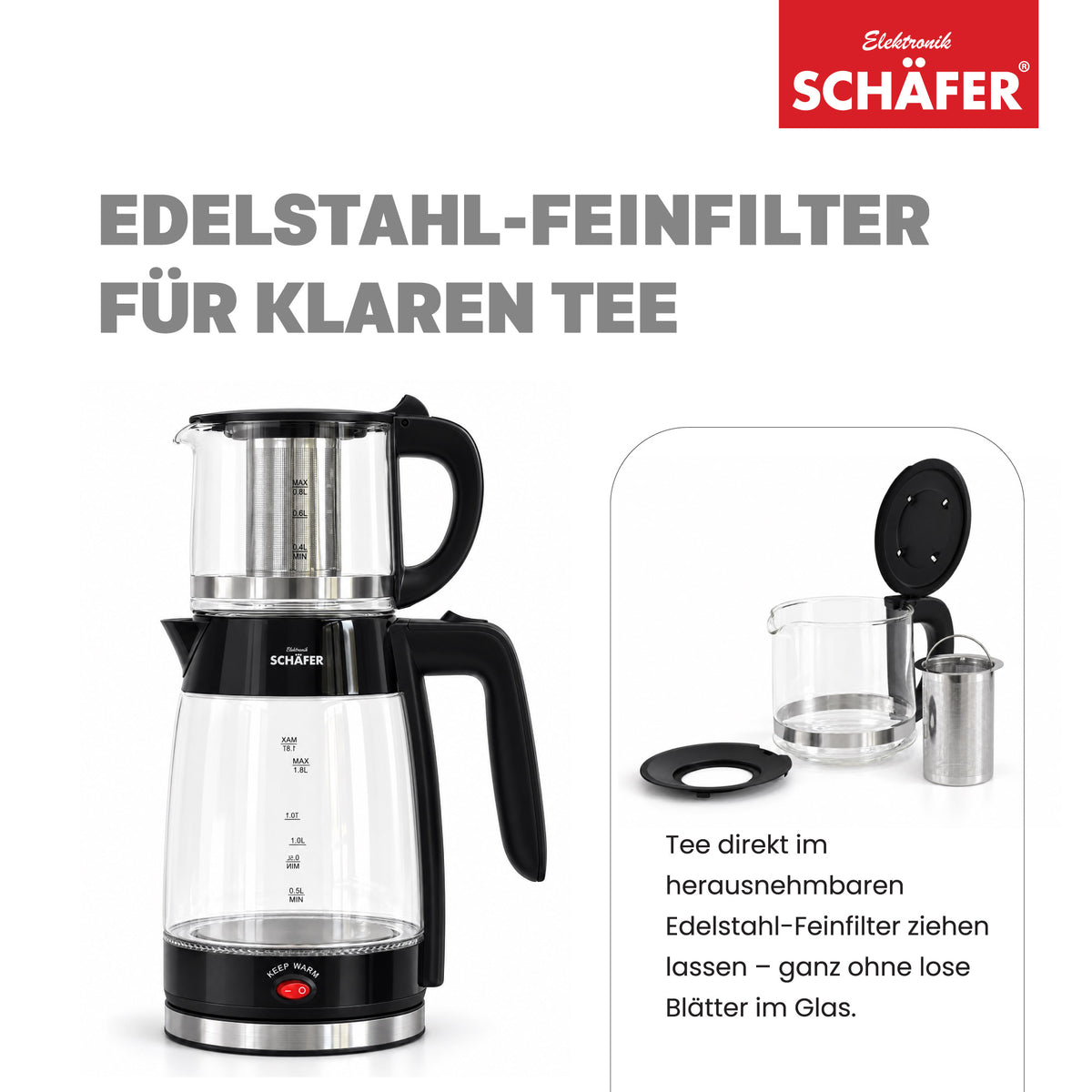 SCHÄFER Borosilikatglas Teekocher 1,8 l Schwarz Teekanne 0,8 l – Ansicht 3
