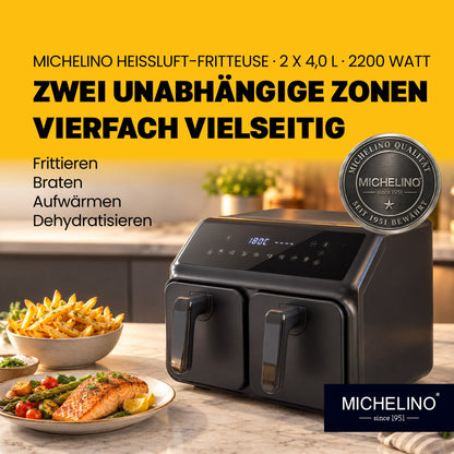 MICHELINO Heißluftfritteuse Doppelkammer 2 × 4 Liter mit Keramikbeschichtung – Ansicht 2