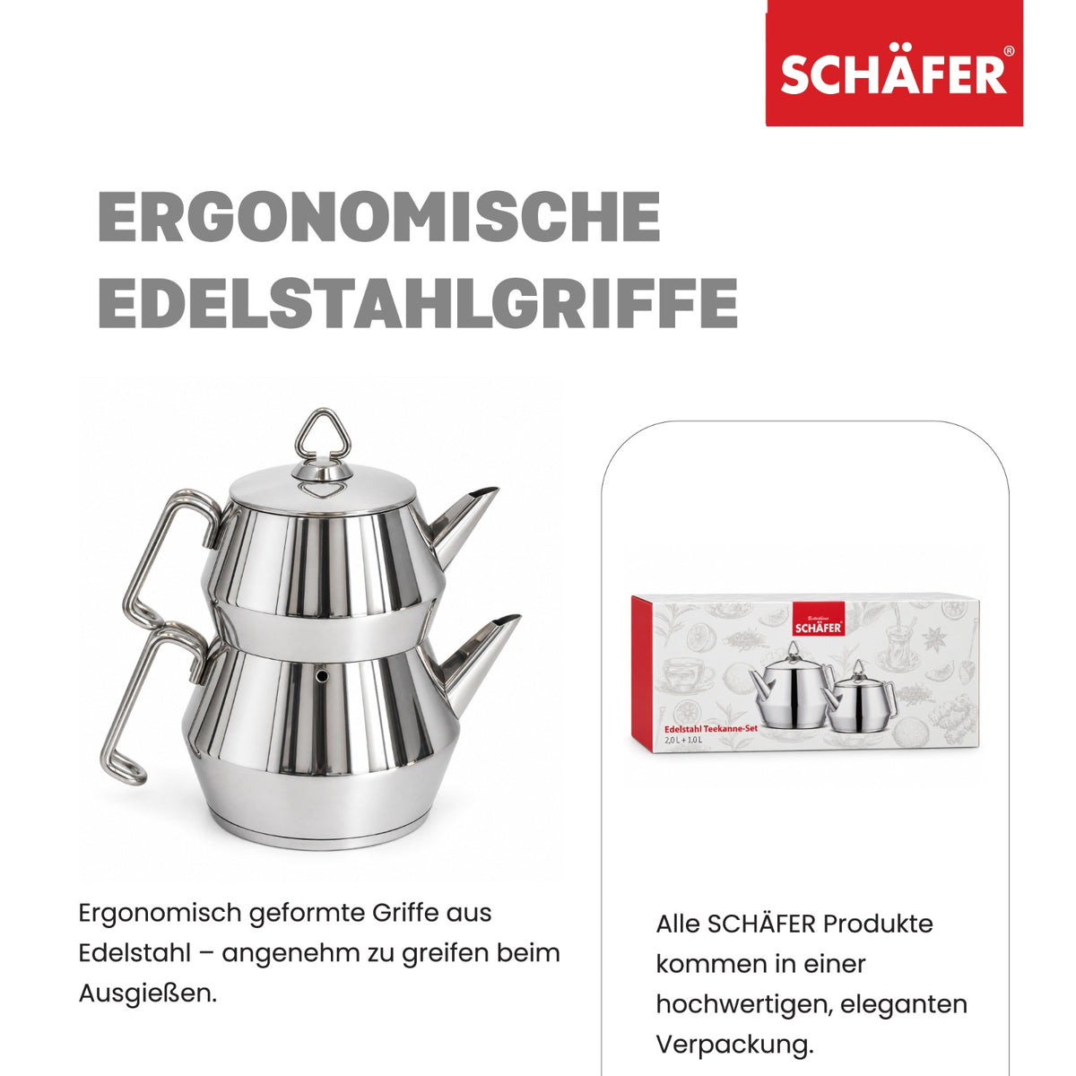 SCHÄFER Edelstahl Teekannen-Set 2 l + 1 l mit Metallgriff