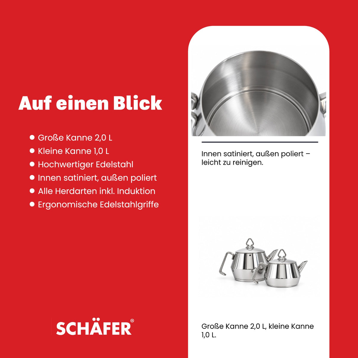 SCHÄFER Edelstahl Teekannen-Set 2 l + 1 l mit Metallgriff