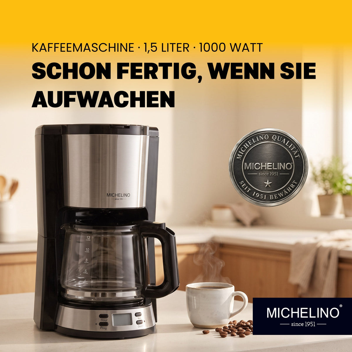 MICHELINO Kaffeemaschine 1,5 Liter Schwarz – Edelstahl mit Timer & Warmhaltefunktion – Ansicht 2