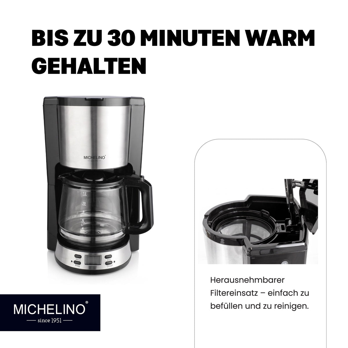 MICHELINO Kaffeemaschine 1,5 Liter Schwarz – Edelstahl mit Timer & Warmhaltefunktion – Ansicht 3