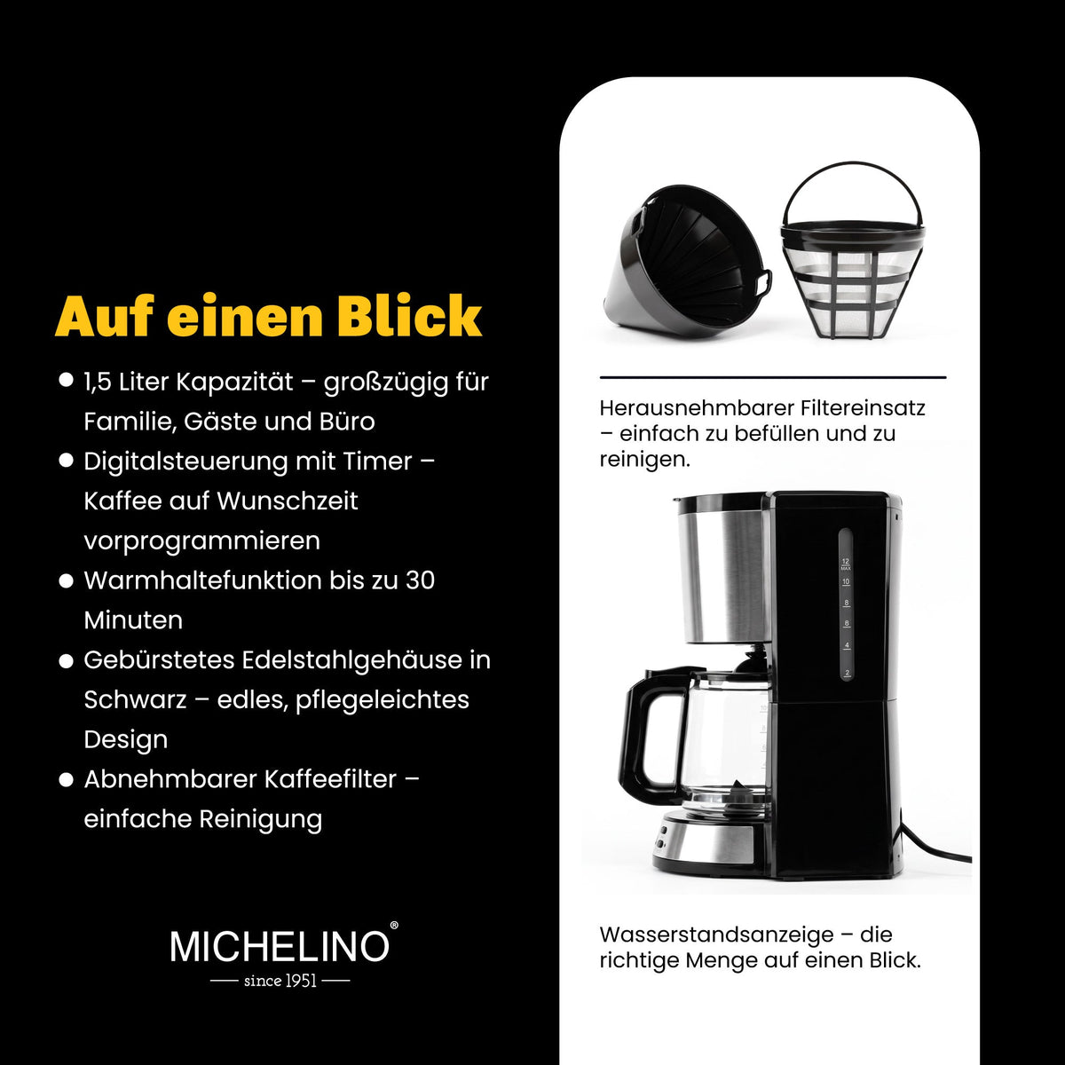 MICHELINO Kaffeemaschine 1,5 Liter Schwarz – Edelstahl mit Timer & Warmhaltefunktion – Ansicht 5