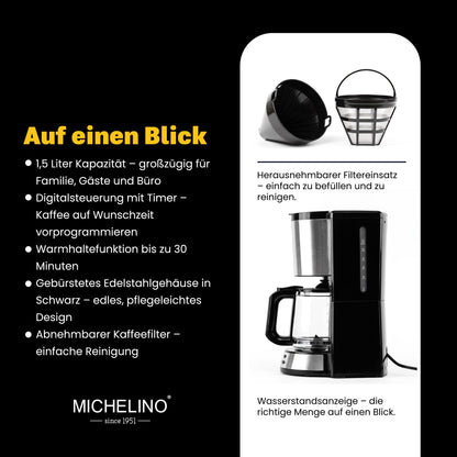 MICHELINO Kaffeemaschine 1,5 Liter Schwarz – Edelstahl mit Timer & Warmhaltefunktion – Ansicht 5