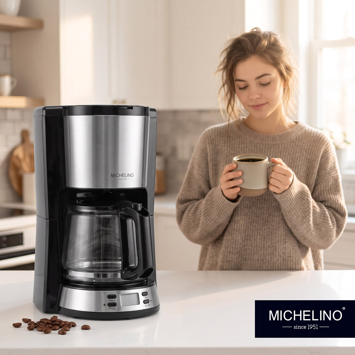 MICHELINO Kaffeemaschine 1,5 Liter Schwarz – Edelstahl mit Timer & Warmhaltefunktion – Ansicht 4