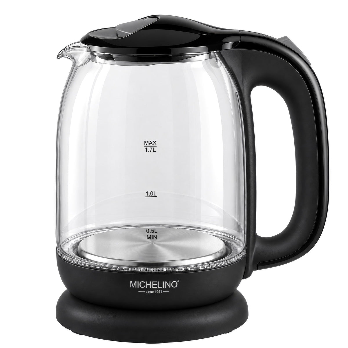 MICHELINO Wasserkocher 1,7 Liter Schwarz – Sicherheitsglas mit blauer LED