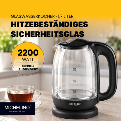 MICHELINO Wasserkocher 1,7 Liter Schwarz – Sicherheitsglas mit blauer LED – Ansicht 2