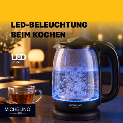 MICHELINO Wasserkocher 1,7 Liter Schwarz – Sicherheitsglas mit blauer LED – Ansicht 3