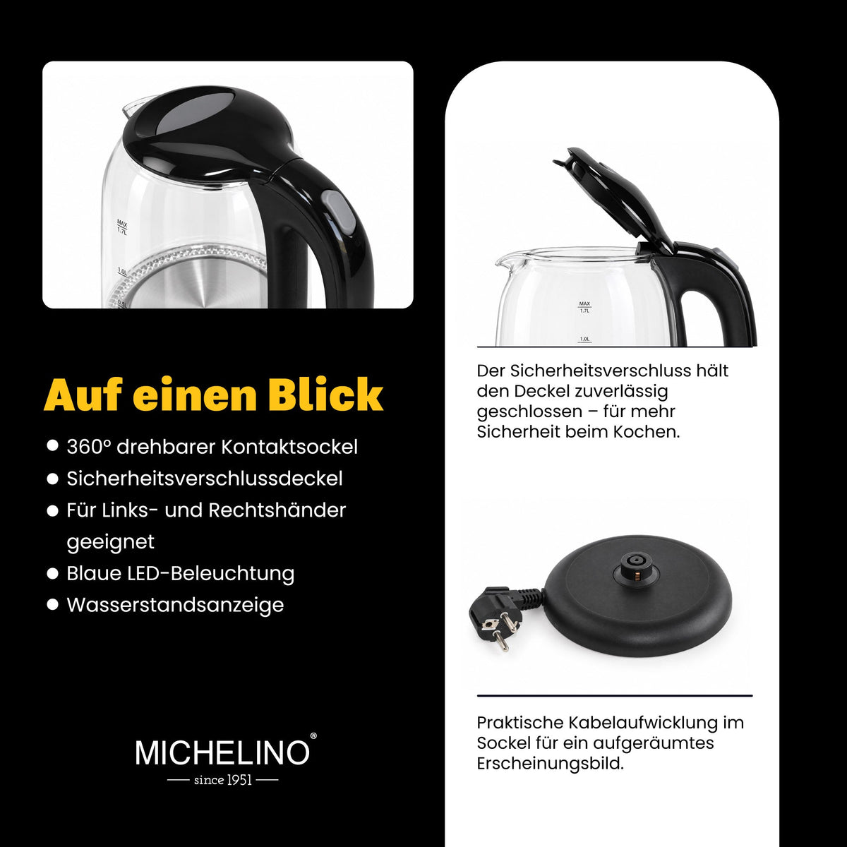 MICHELINO Wasserkocher 1,7 Liter Schwarz – Sicherheitsglas mit blauer LED – Ansicht 4