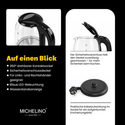 MICHELINO Wasserkocher 1,7 Liter Schwarz – Sicherheitsglas mit blauer LED – Ansicht 4