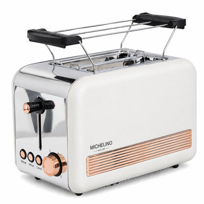 MICHELINO Toaster Retro 2-Scheiben Weiß-Gold – 850W, Edelstahl, 6 Bräunungsstufen & Cool-Touch