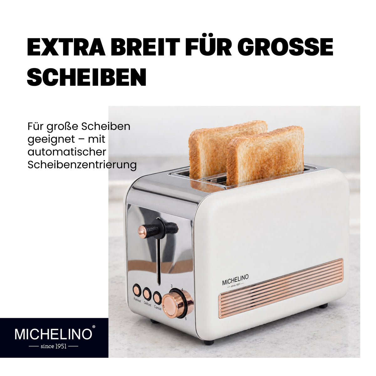 MICHELINO Toaster Retro 2-Scheiben Weiß-Gold – 850W, Edelstahl, 6 Bräunungsstufen & Cool-Touch – Ansicht 3